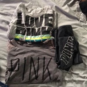 2 pink hoodies and pink leggings